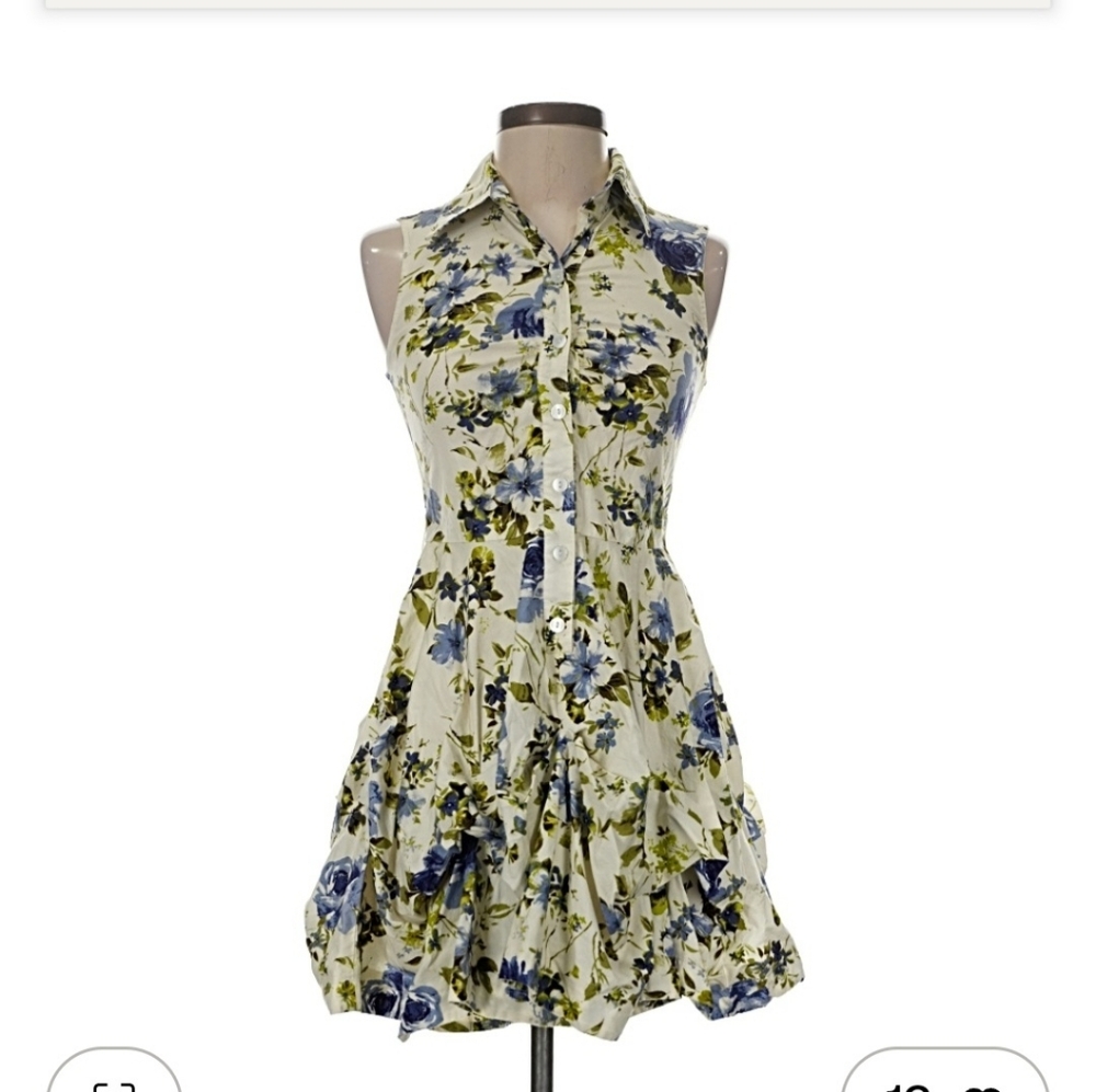 Iz Byer Floral Button-Front Sleeveless Mini Dress in Ivory, Blue and Green